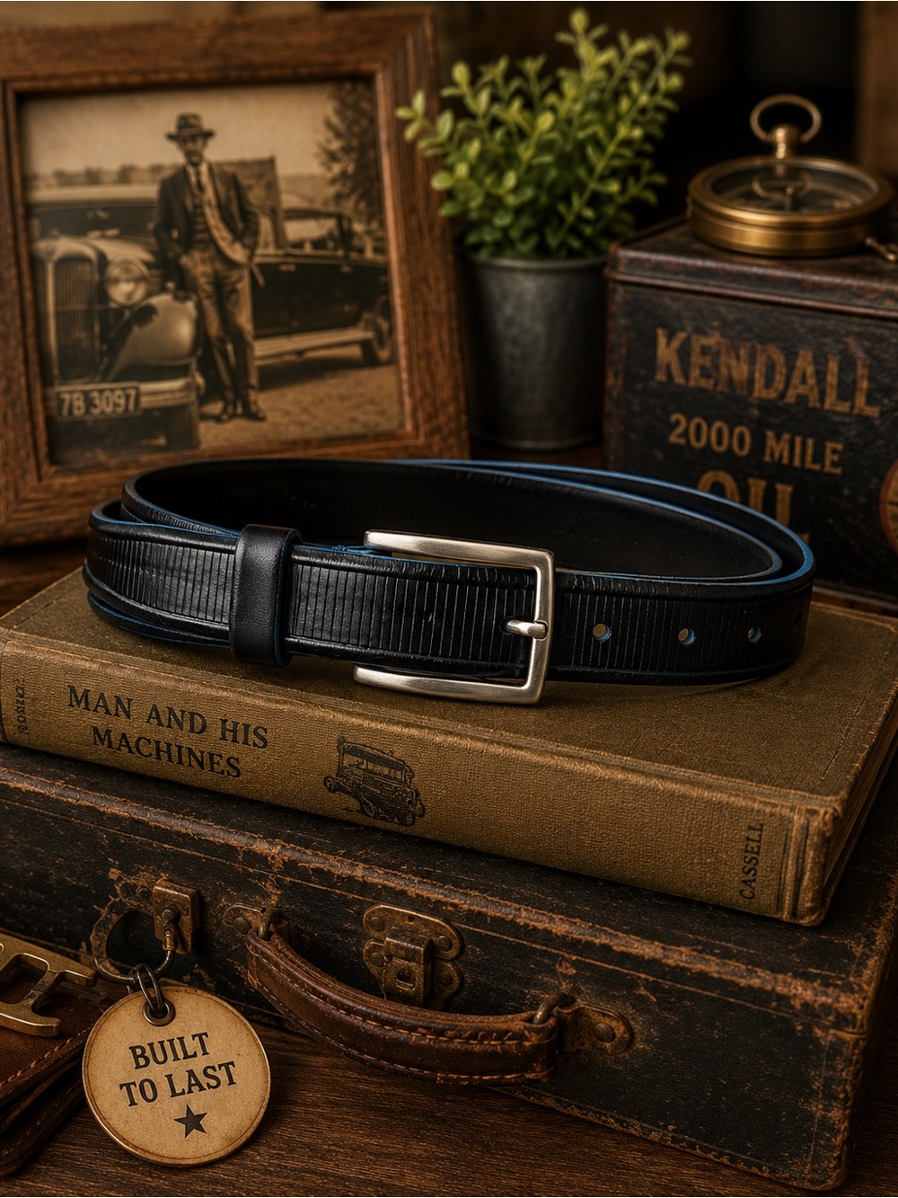 Johnston & Murphy Black Leather Men's Belt Size 32 Electric Blue Trim Raw Edge